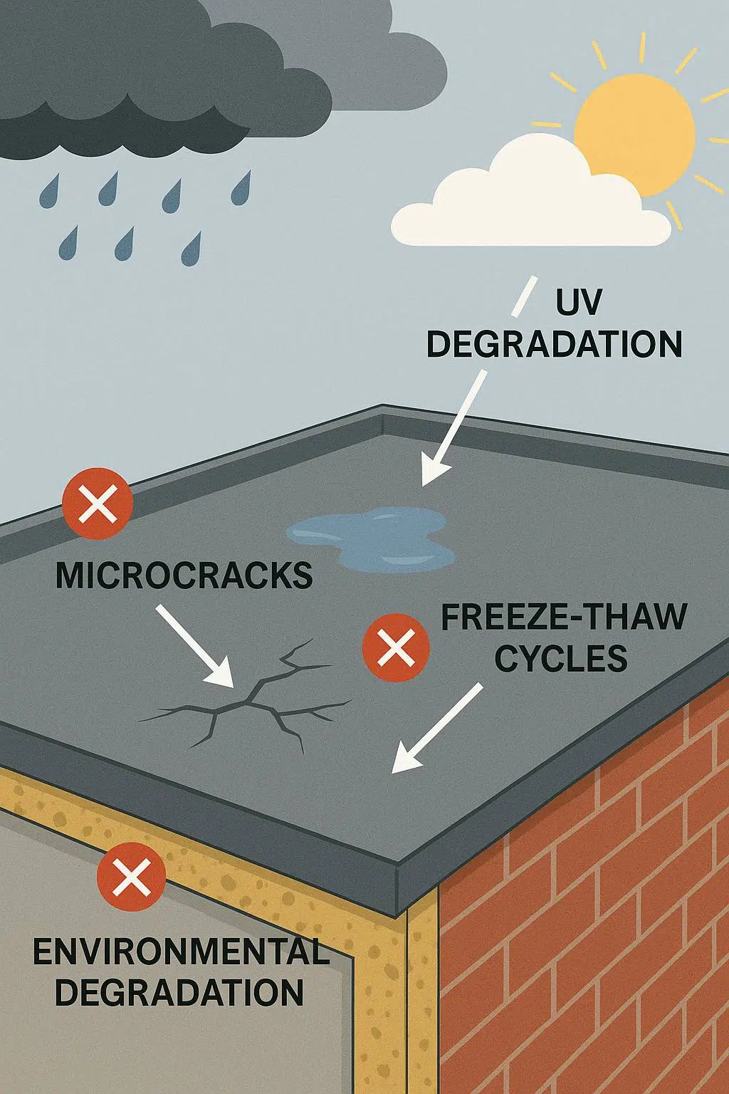 A visual of a roofing system with highlighted risks (like microcracks, UV degradation,